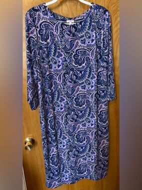 Talbots blue/pink paisley print jersey knit 3/4 sleeve shift dress Size 2X